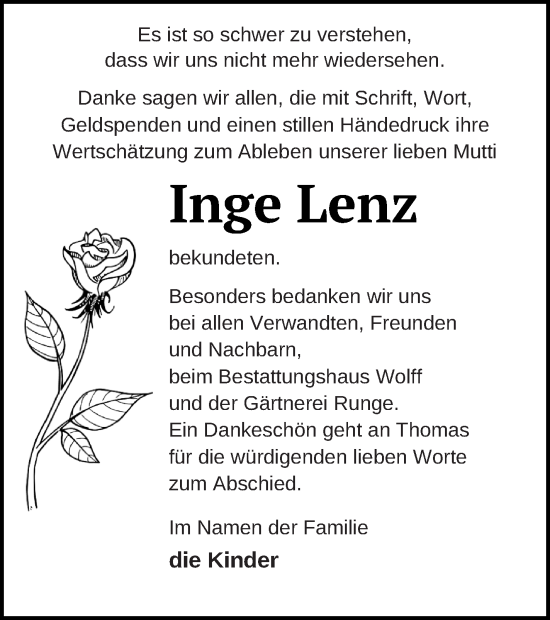 Traueranzeige von Inge Lenz von Haff-Zeitung