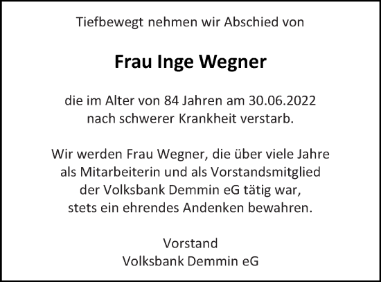 Traueranzeige von Inge Wegner von Demminer Zeitung