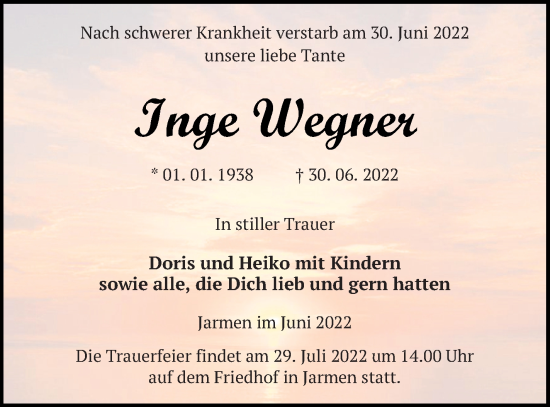 Traueranzeige von Inge Wegner von Demminer Zeitung