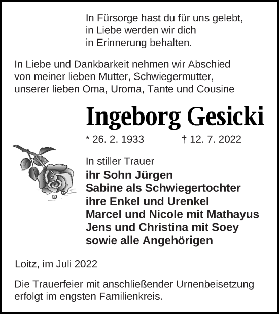 Traueranzeige von Ingeborg Gesicki von Vorpommern Kurier