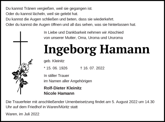 Traueranzeige von Ingeborg Hamann von Müritz-Zeitung