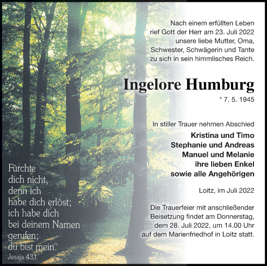 Traueranzeige von Ingelore Humburg von Vorpommern Kurier