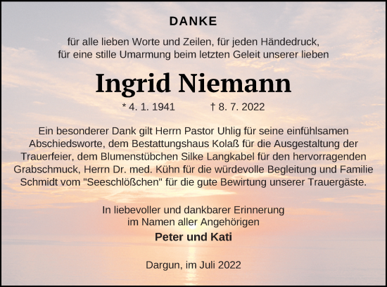 Traueranzeige von Ingrid Niemann von Mecklenburger Schweiz