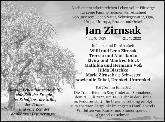 Traueranzeige von Jan Zirnsak von Müritz-Zeitung