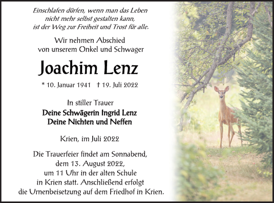 Traueranzeige von Joachim Lenz von Vorpommern Kurier