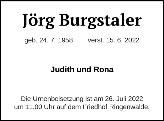 Traueranzeige von Jörg Burgstaler von Templiner Zeitung