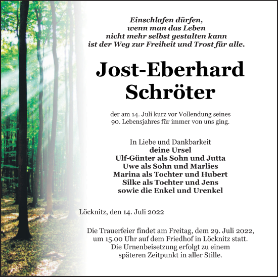 Traueranzeige von Jost-Eberhard Schröter von Pasewalker Zeitung