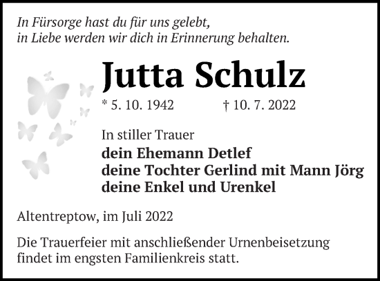 Traueranzeige von Jutta Schulz von Neubrandenburger Zeitung