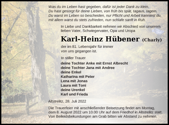 Traueranzeige von Karl-Heinz Hübener von Strelitzer Zeitung