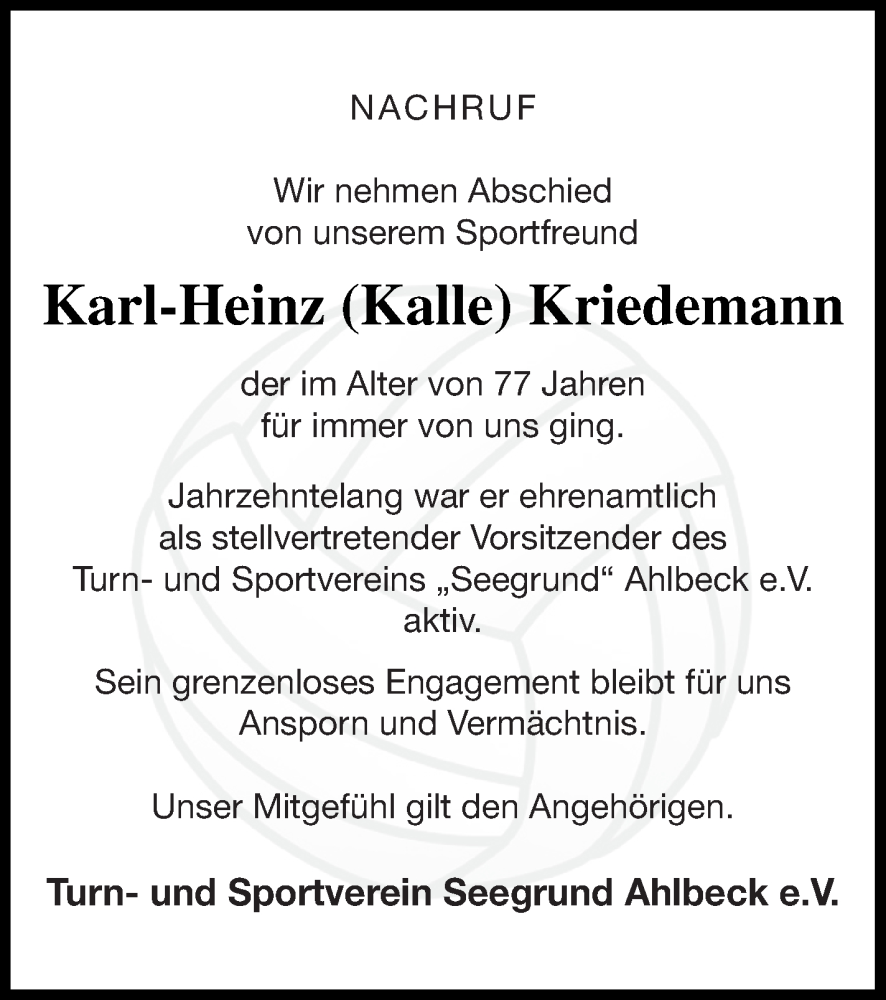  Traueranzeige für Karl-Heinz Kriedemann vom 29.07.2022 aus Haff-Zeitung