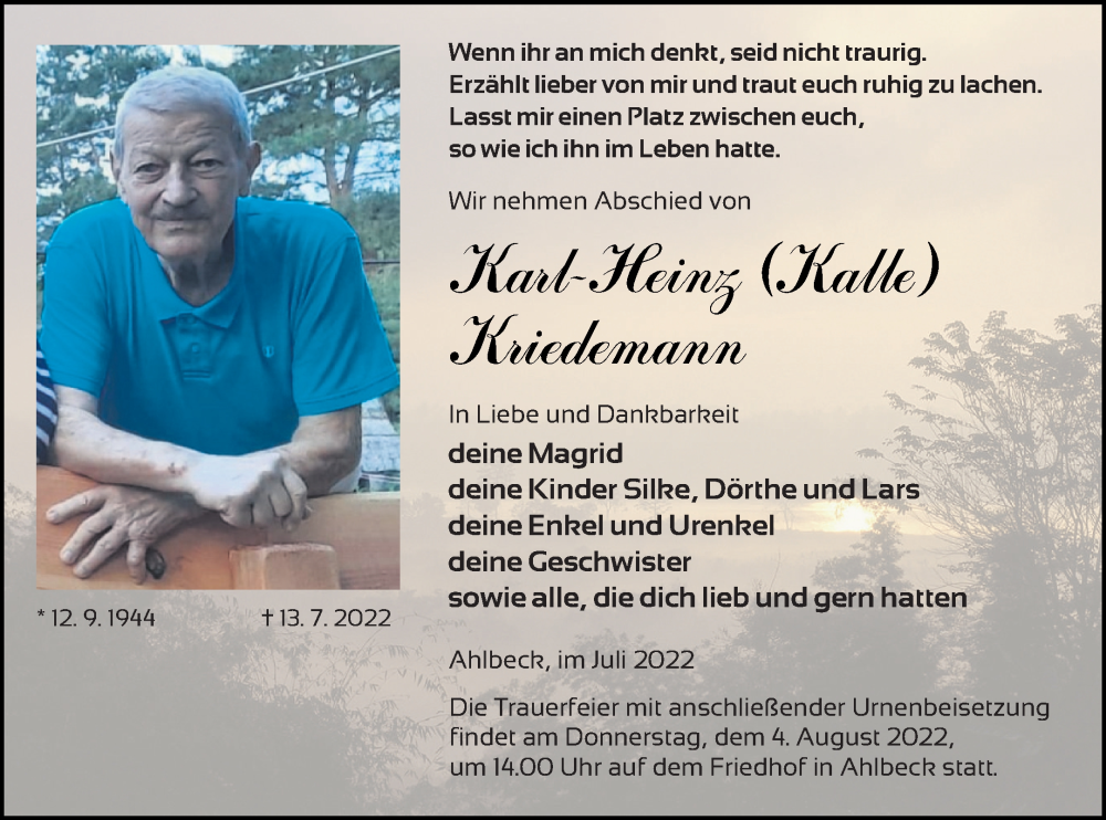  Traueranzeige für Karl-Heinz Kriedemann vom 16.07.2022 aus Haff-Zeitung