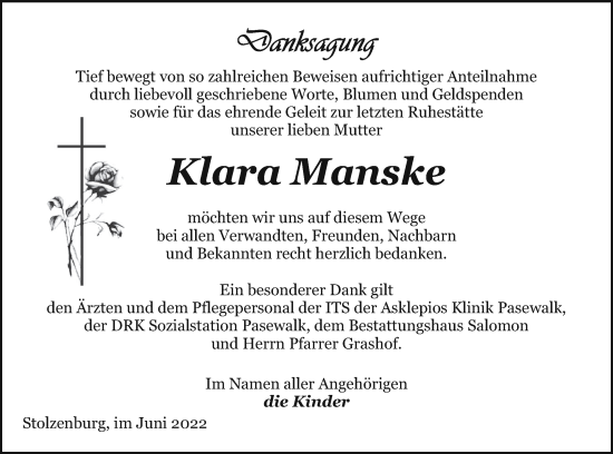 Traueranzeige von Klara Manske von Pasewalker Zeitung