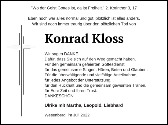 Traueranzeige von Konrad Kloss von Müritz-Zeitung