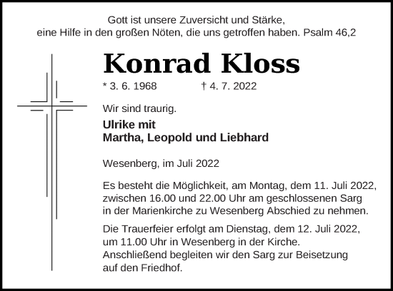 Traueranzeige von Konrad Kloss von Müritz-Zeitung