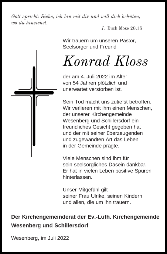 Traueranzeige von Konrad Kloss von Strelitzer Zeitung