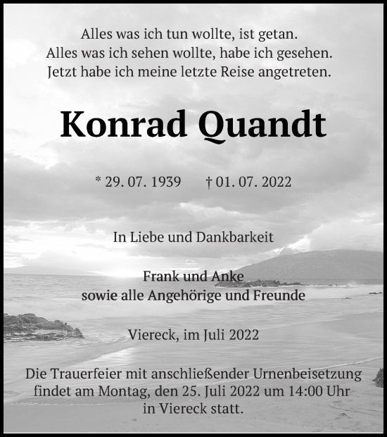 Traueranzeige von Konrad Ouandt von Pasewalker Zeitung