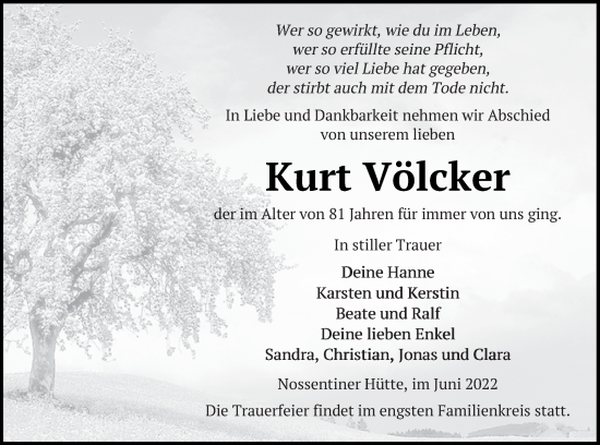 Traueranzeige von Kurt Völcker von Müritz-Zeitung