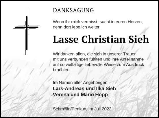 Traueranzeige von Lasse Christian Sieh von Pasewalker Zeitung