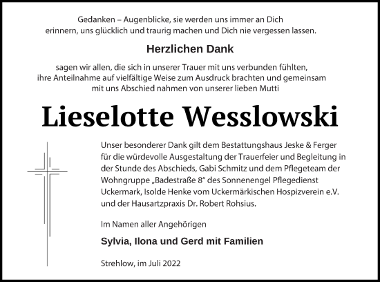 Traueranzeige von Lieselotte Wesslowski von Prenzlauer Zeitung