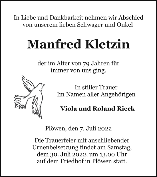 Traueranzeige von Manfred Kletzin von Pasewalker Zeitung