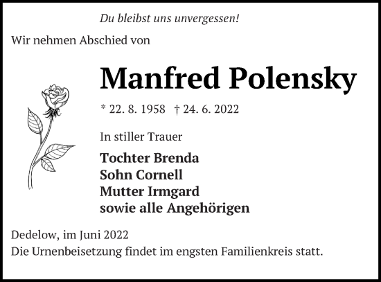 Traueranzeige von Manfred Polensky von Prenzlauer Zeitung