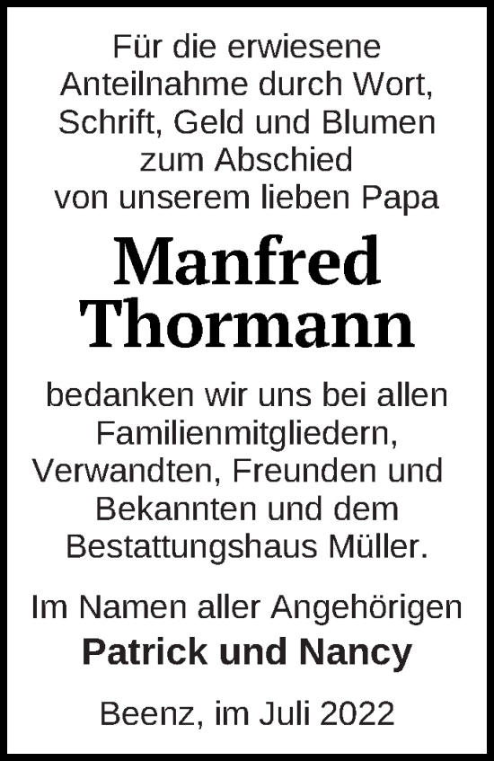 Traueranzeige von Manfred Thormann von Templiner Zeitung