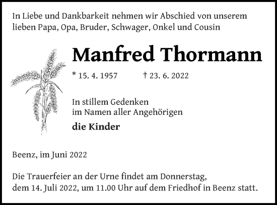 Traueranzeige von Manfred Thormann von Templiner Zeitung