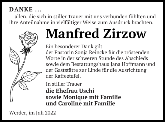 Traueranzeige von Manfred Zirzow von Neubrandenburger Zeitung