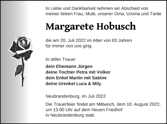 Traueranzeige von Margarete Hobusch von Neubrandenburger Zeitung
