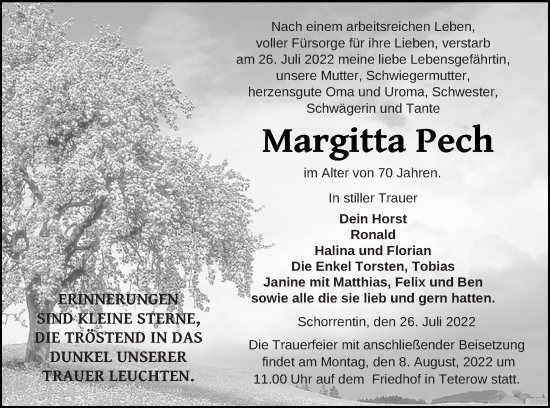 Traueranzeige von Margitta Pech von Mecklenburger Schweiz