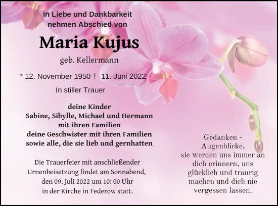 Traueranzeige von Maria Kujus von Müritz-Zeitung