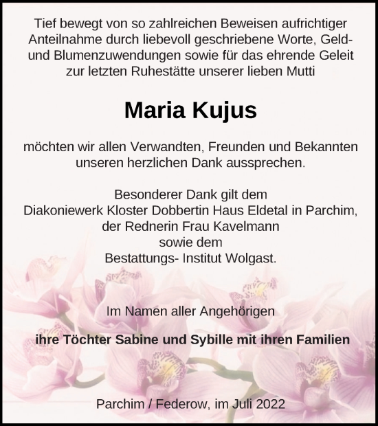 Traueranzeige von Maria Kujus von Müritz-Zeitung