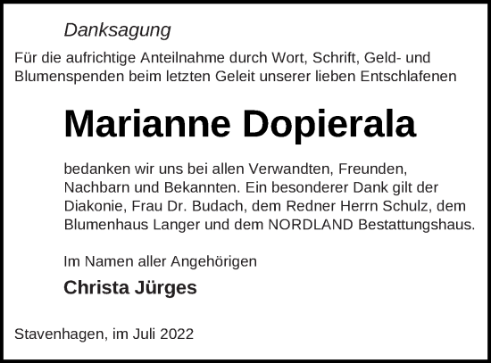 Traueranzeige von Marianne Dopierala von Mecklenburger Schweiz