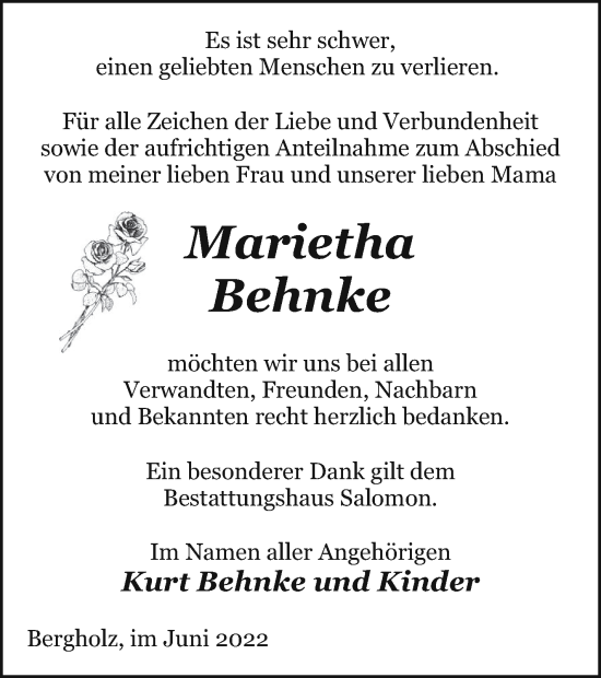 Traueranzeige von Marietha Behnke von Pasewalker Zeitung