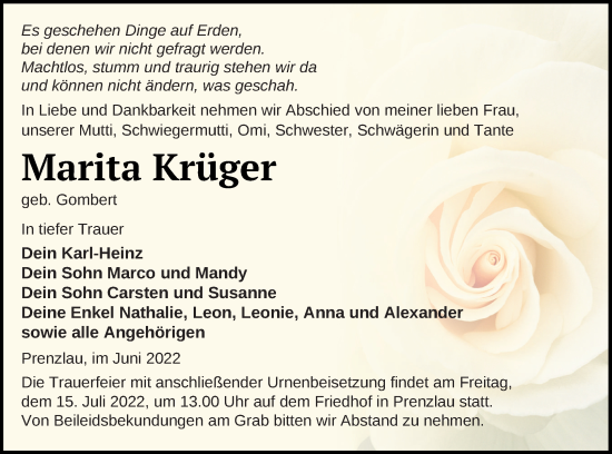 Traueranzeige von Marita Krüger von Prenzlauer Zeitung