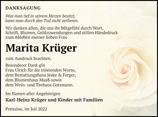 Traueranzeige von Marita Krüger von Prenzlauer Zeitung