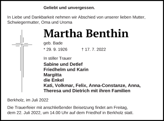 Traueranzeige von Martha Benthin von Prenzlauer Zeitung