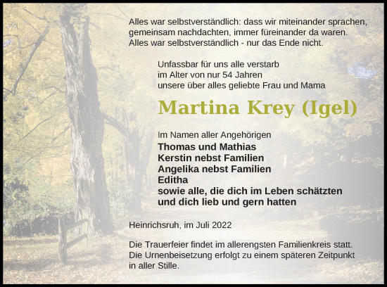 Traueranzeige von Martina Krey von Haff-Zeitung