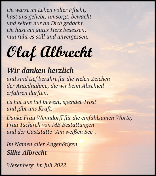 Traueranzeige von Olaf Albrecht von Strelitzer Zeitung