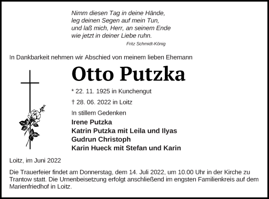 Traueranzeige von Otto Putzka von Vorpommern Kurier