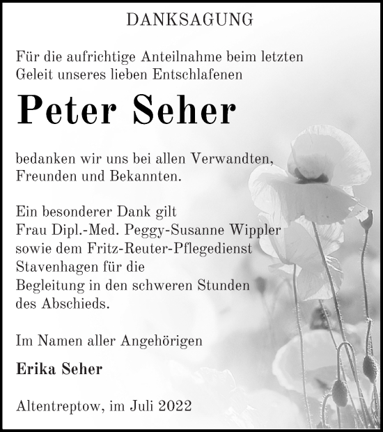 Traueranzeige von Peter Seher von Neubrandenburger Zeitung