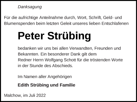 Traueranzeige von Peter Strübing von Müritz-Zeitung