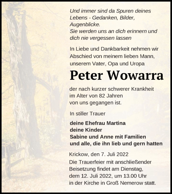 Traueranzeige von Peter Wowarra von Neubrandenburger Zeitung