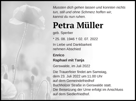 Traueranzeige von Petra Müller von Templiner Zeitung