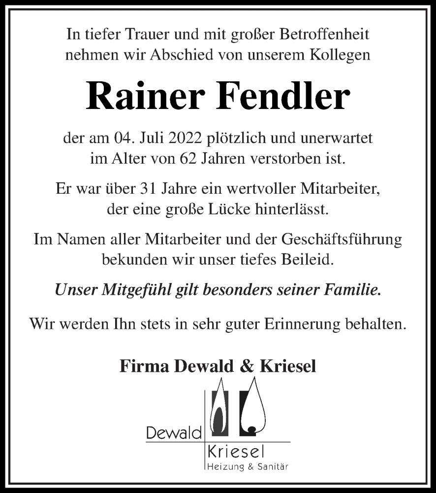  Traueranzeige für Rainer Fendler vom 16.07.2022 aus Prenzlauer Zeitung
