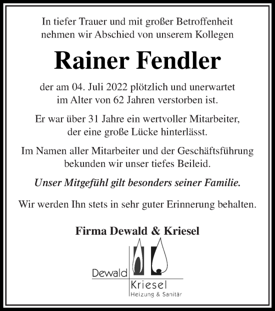 Traueranzeige von Rainer Fendler von Prenzlauer Zeitung