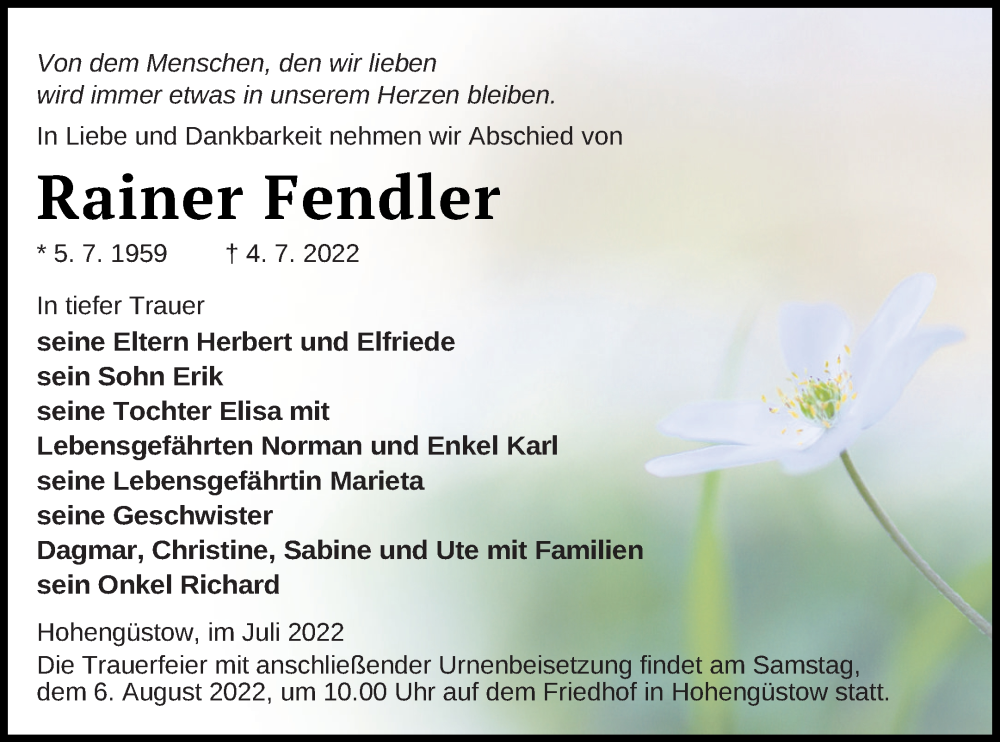  Traueranzeige für Rainer Fendler vom 14.07.2022 aus Prenzlauer Zeitung