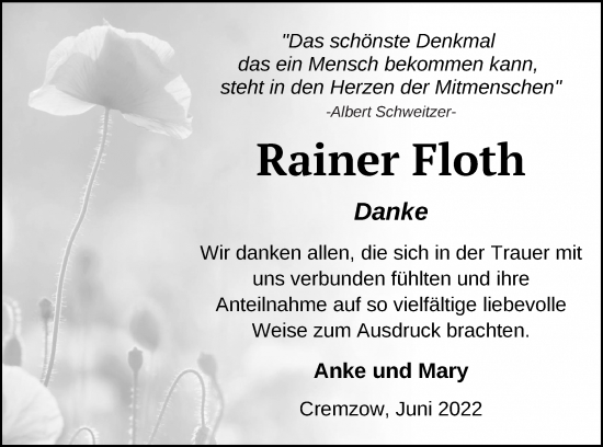 Traueranzeige von Rainer Floth von Prenzlauer Zeitung