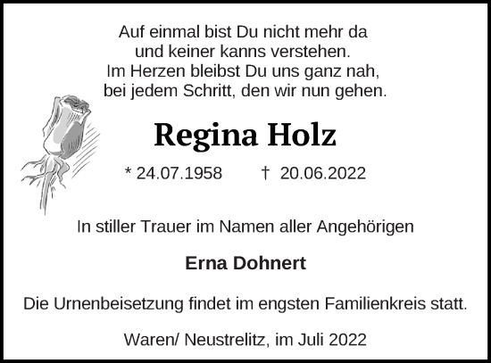 Traueranzeige von Regina Holz von Müritz-Zeitung