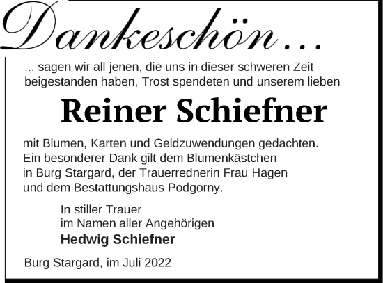 Traueranzeige von Reiner Schiefner von Neubrandenburger Zeitung